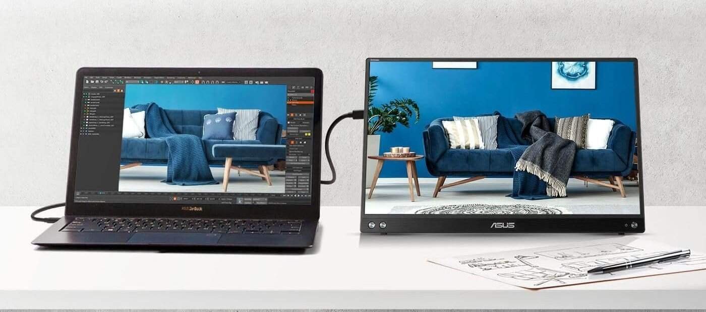 Dual portable monitors setup for travel and remote work with a laptop and external screen.